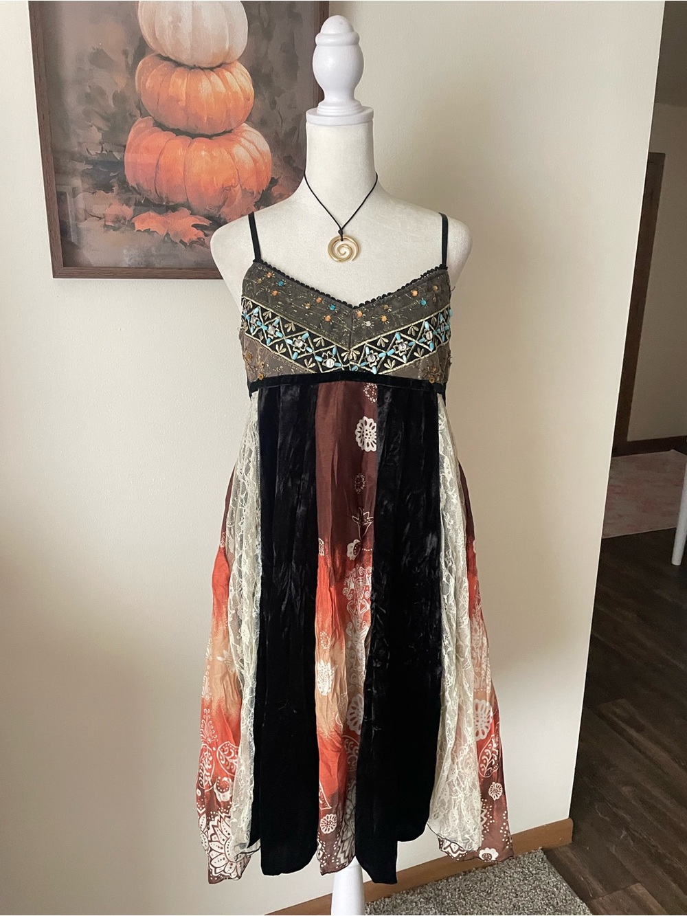 Sans Souci Y2K 90s Vintage Beaded Lace Patchwork Midi Slip Dress Medium